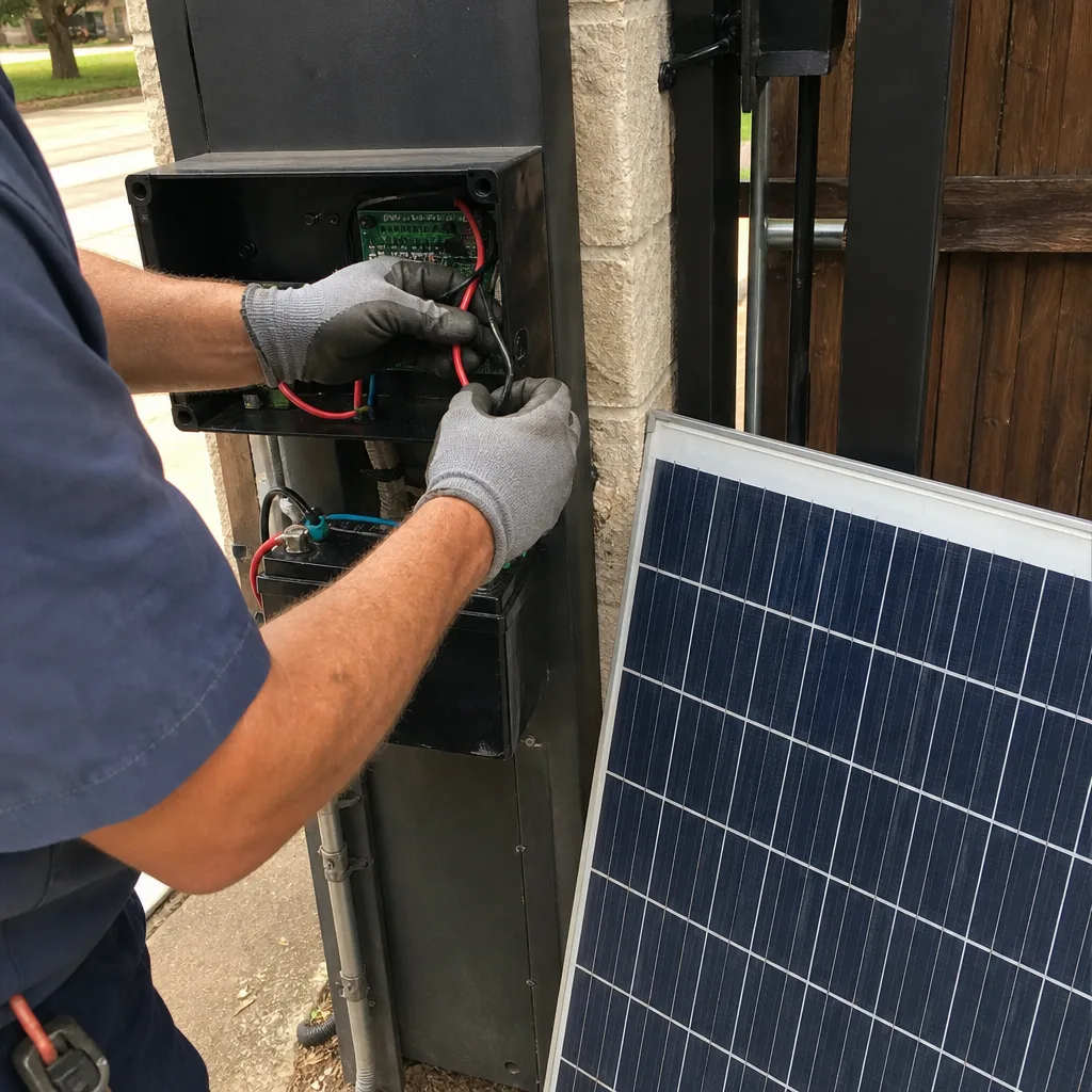 Technician performing gate access control maintenance and solar power system repair in Keller, TX