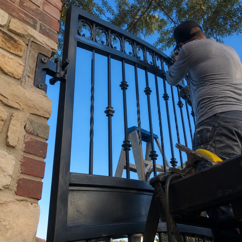 Professional technician installing a custom black ornamental metal gate.