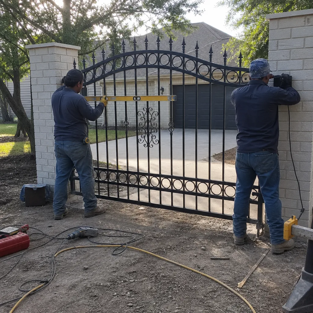 Two professional technicians installing a black wrought iron driveway gate.