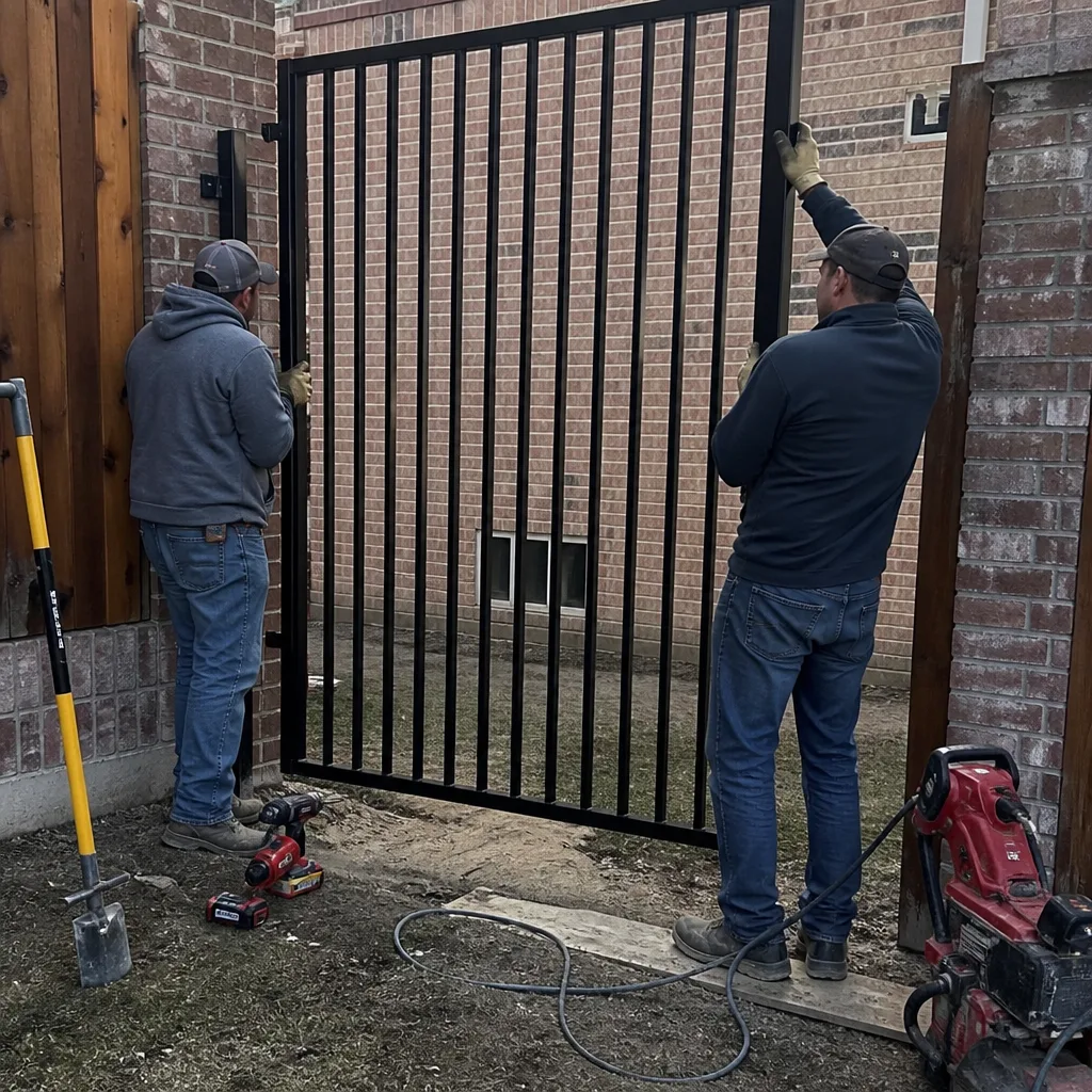 Two professional contractors installing a modern black metal residential gate